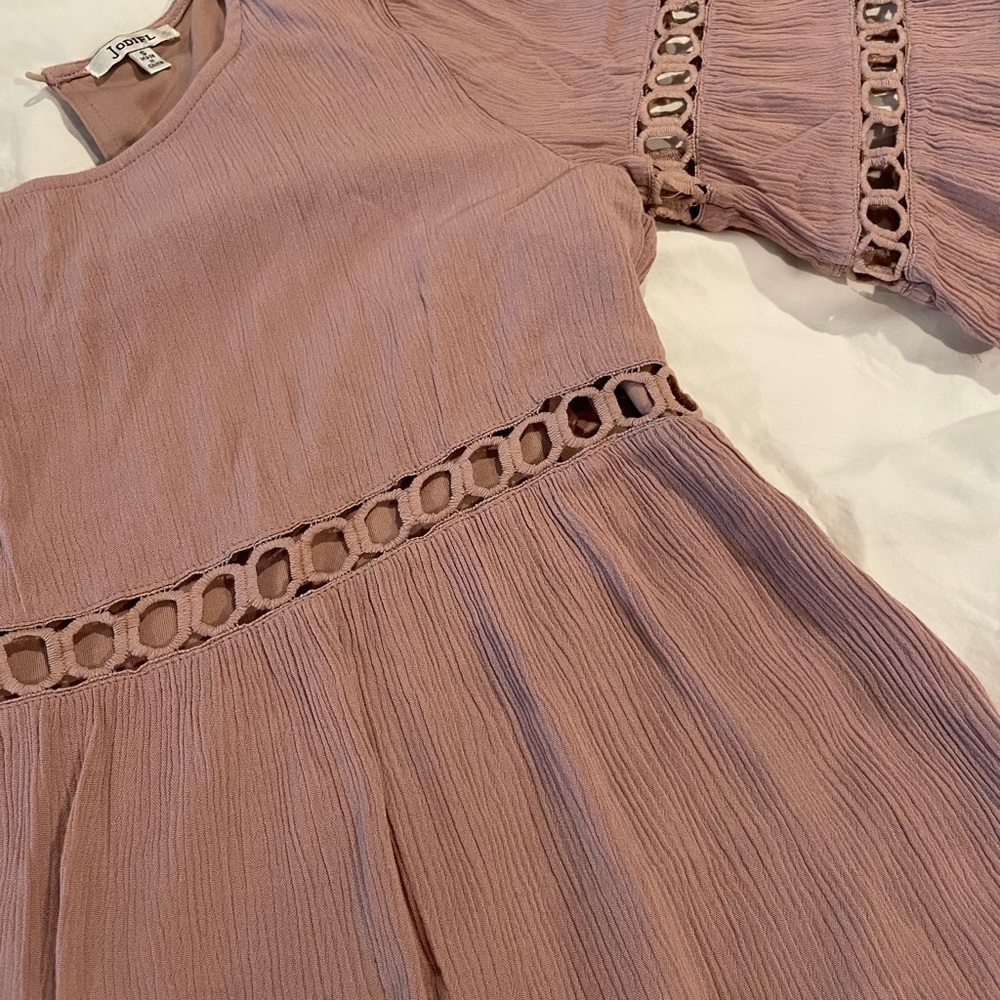 JodiFL dress, blush color, eyelet detail, cocktail length. Size small.